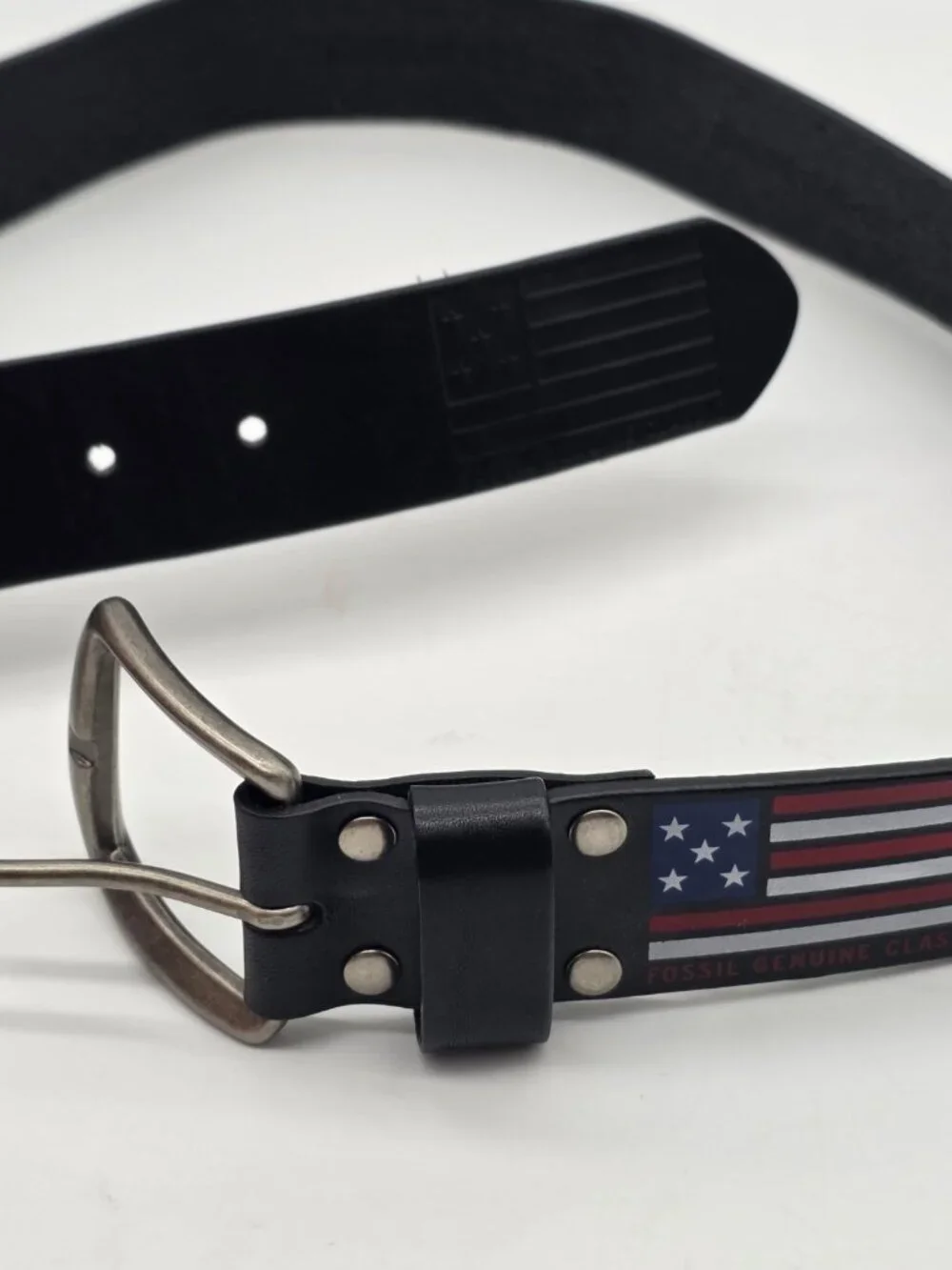 Fossil Genuine Classic Belt Men's Size 34 American Flag Patriotic Black Leather